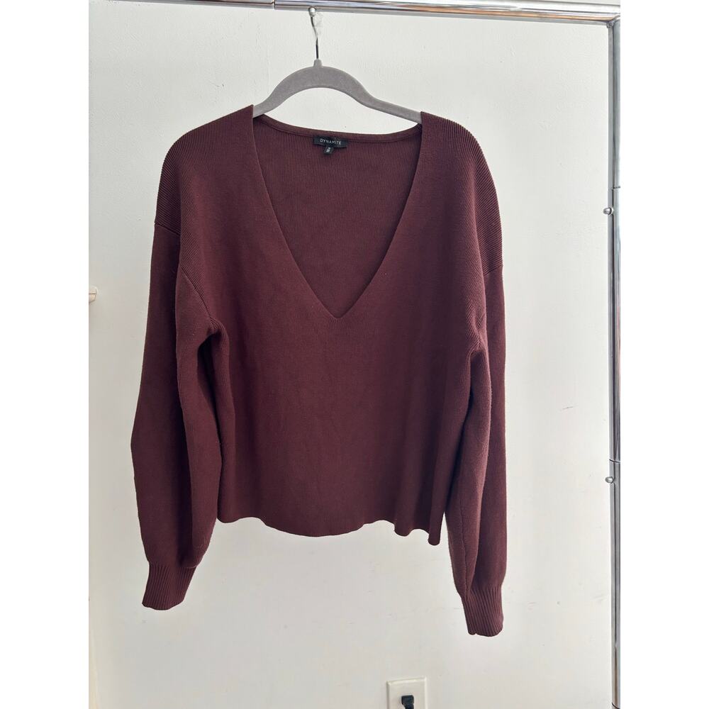 Dynamite Women’s Burgundy V Neck Knit Sweater Medium Oversized Soft Pullover - Picture 3 of 13